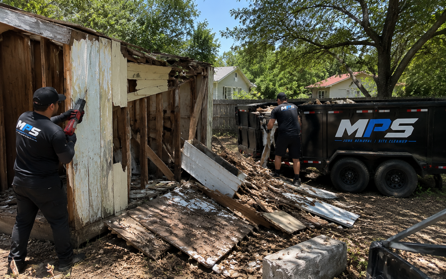 MPS crew dismantling a damaged backyard shed while loading demolition debris into a dump trailer during a property cleanout.