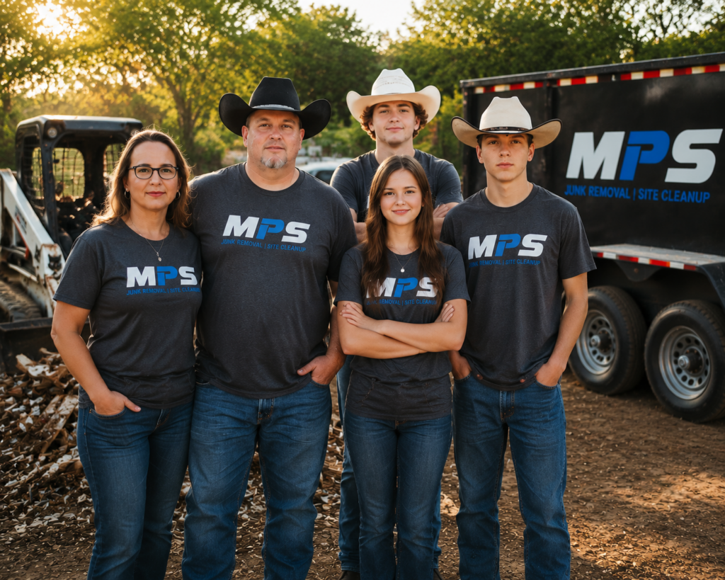 The McClintock family of MPS Junk Removal & Site Cleanup with their hauling trailer and skid steer featured in the junk removal gallery Central Texas.